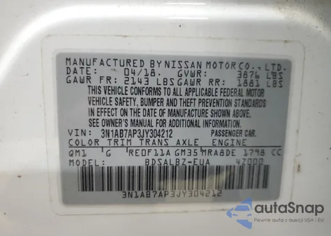 2018 Nissan Sentra S из США, поврежденный, VIN 3N1AB7AP3JY304212